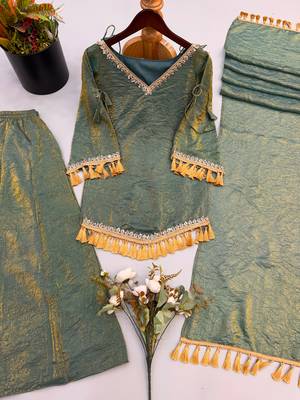 Sage silk blend readymade suit with mirror & border work 4