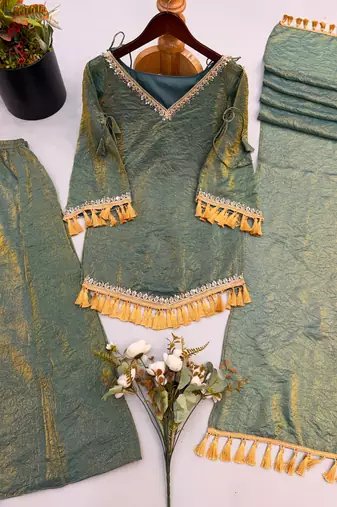 Sage silk blend readymade suit with mirror & border work
