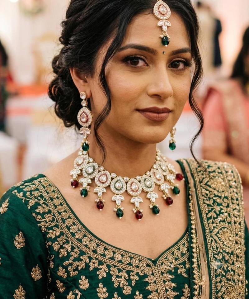 Maroon green set with earrings & maang tikka kundan & agate stone lekar gold plating