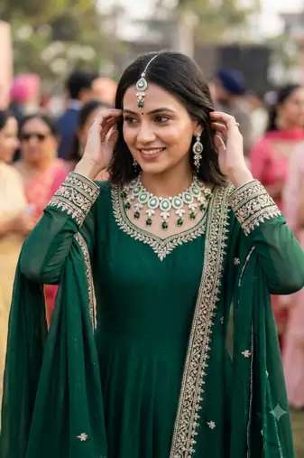 Green set with earrings & maang tikka kundan & agate stone lekar gold plating