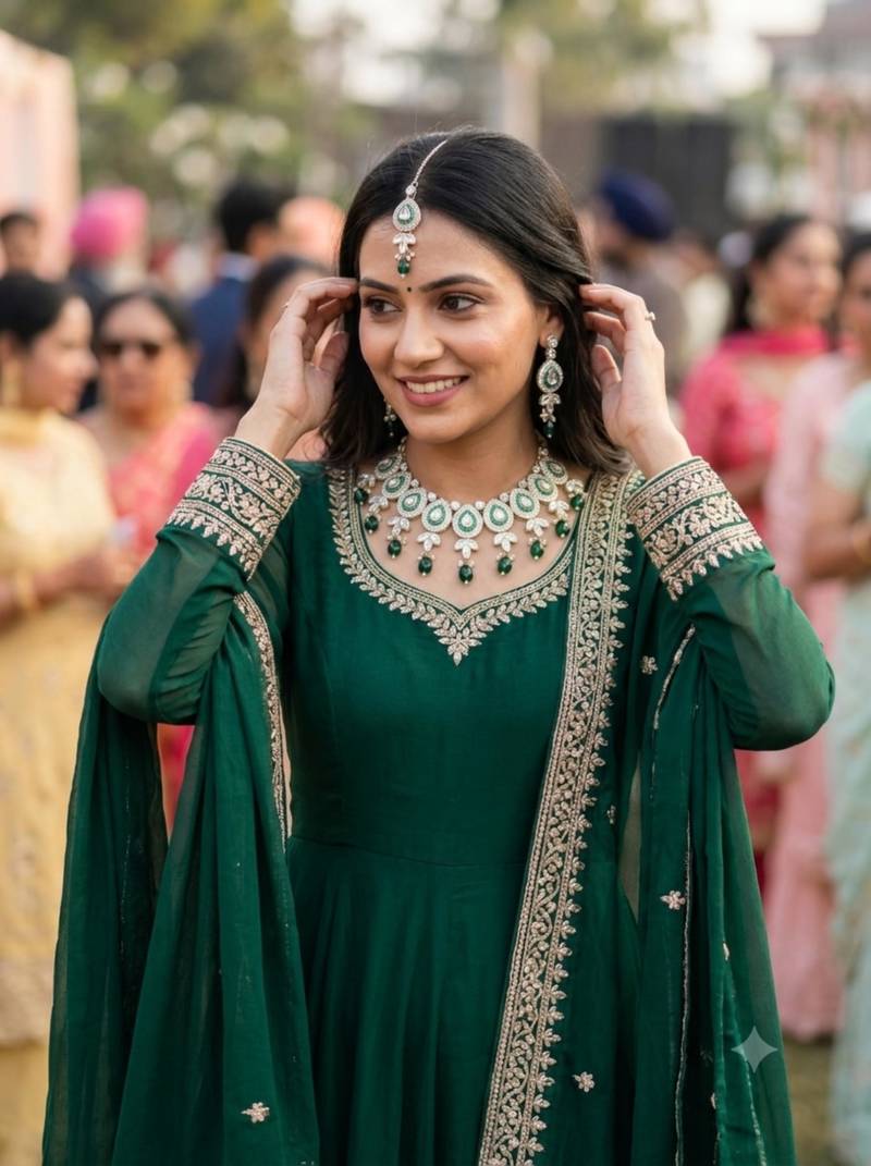 Green set with earrings & maang tikka kundan & agate stone lekar gold plating