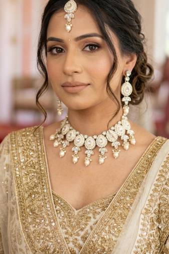 White necklace set with earrings & maang tikka kundan & agate stone lekar gold plating