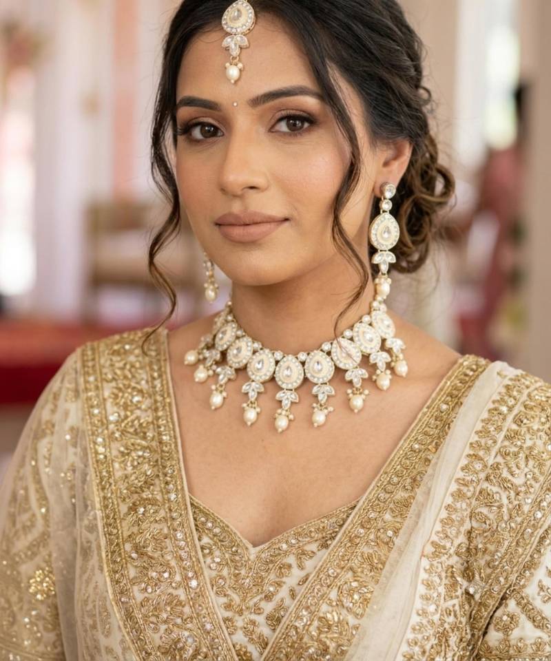 White necklace set with earrings & maang tikka kundan & agate stone lekar gold plating