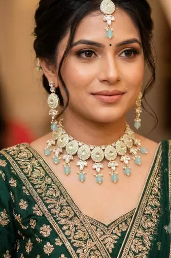Pista necklace set with earrings & maang tikka kundan & agate stone lekar gold plating