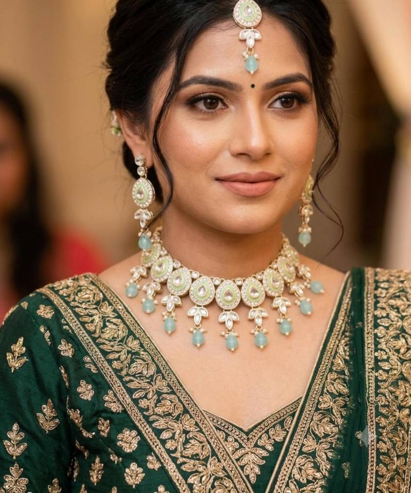 Pista necklace set with earrings & maang tikka kundan & agate stone lekar gold plating