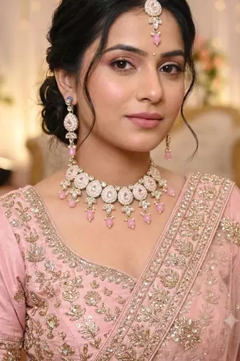 Pink necklace set with earrings & maang tikka kundan & agate stone lekar gold plating