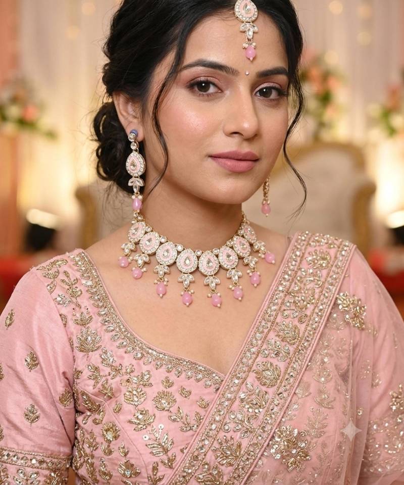 Pink necklace set with earrings & maang tikka kundan & agate stone lekar gold plating