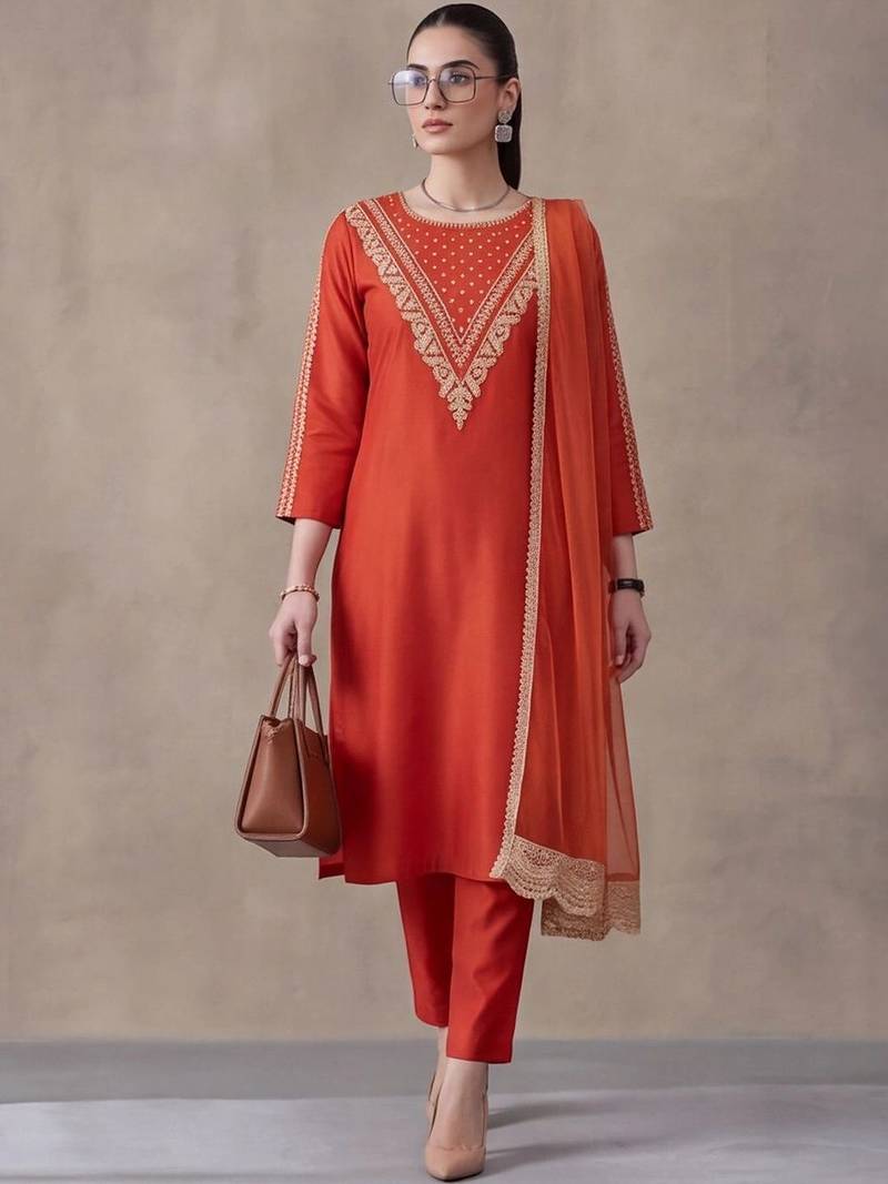 women ethnic motifs embroidered regular thread work kurta trousers & with dupatta