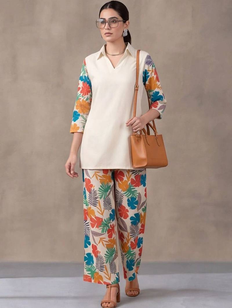 women floral colourblocked regular kurta with trousers