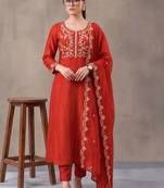 women ethnic motifs embroidered empire thread work kurta with trousers & with dupatta