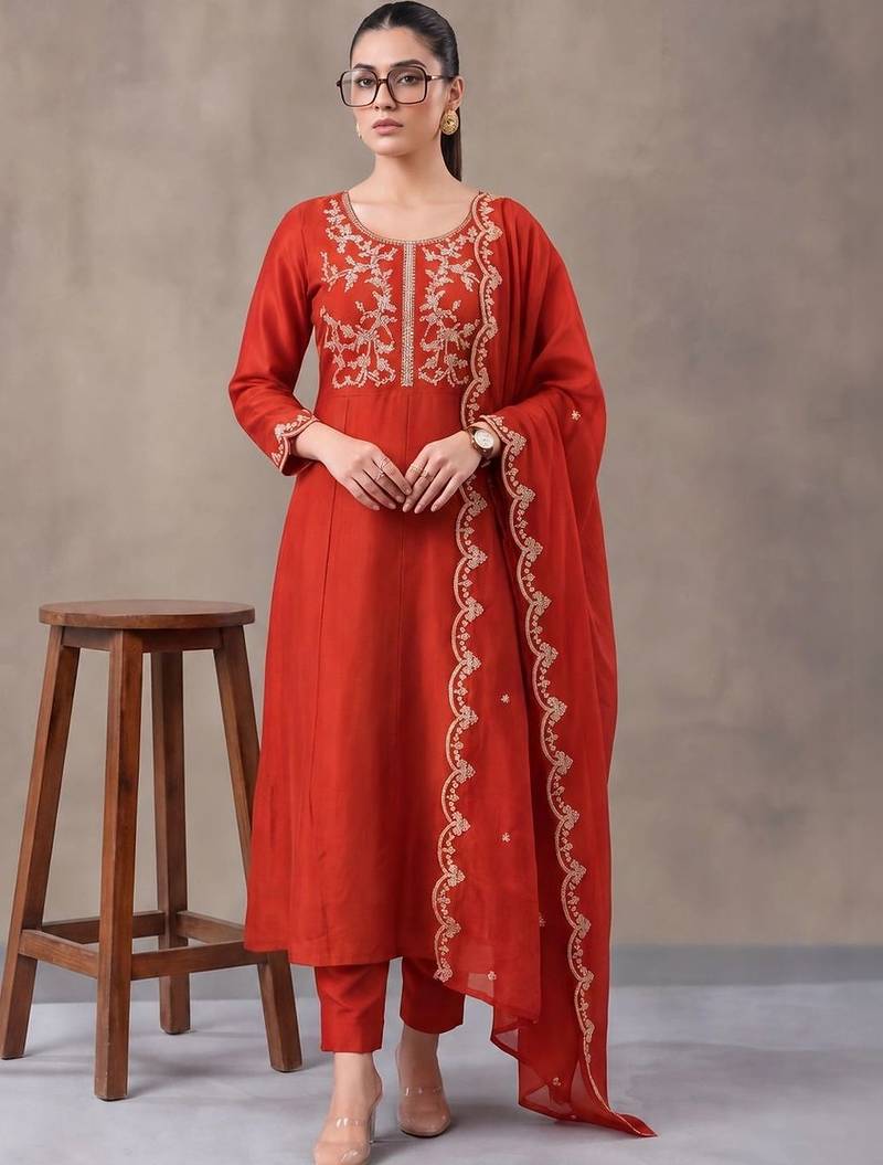 women ethnic motifs embroidered empire thread work kurta with trousers & with dupatta