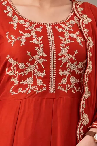 women ethnic motifs embroidered empire thread work kurta with trousers & with dupatta