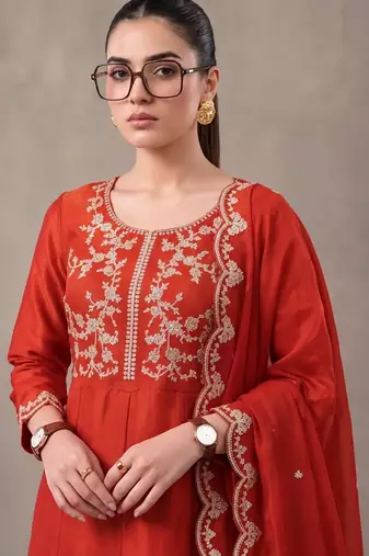 women ethnic motifs embroidered empire thread work kurta with trousers & with dupatta