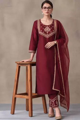 women ethnic regular thread work kurta with trousers with dupatta