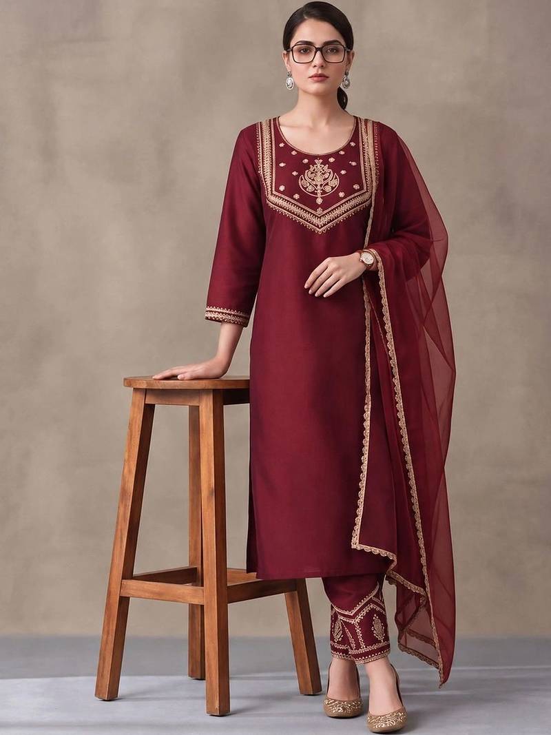 women ethnic regular thread work kurta with trousers with dupatta