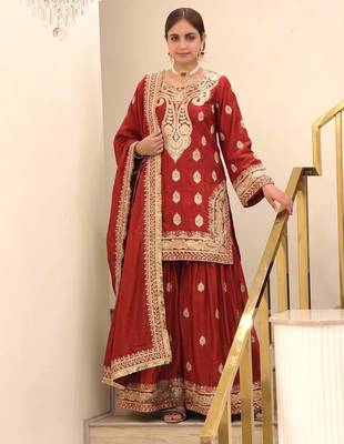 Red chinon readymade suit with embroidery & sequence work 4