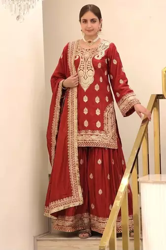Red chinon readymade suit with embroidery & sequence work
