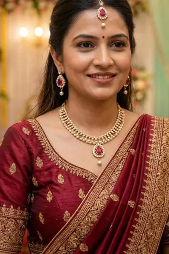 Maroon Green White Stone Necklace Maang Tikka Gold