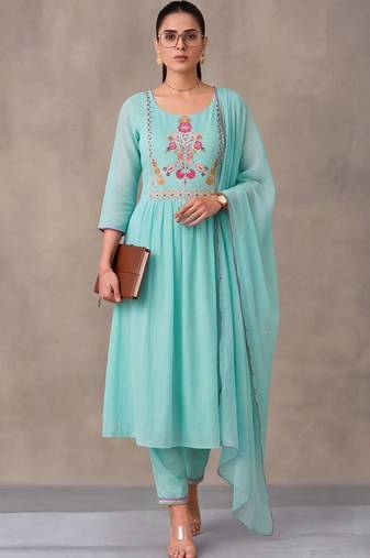 women floral embroidered empire thread work kurta with trousers & with dupatta