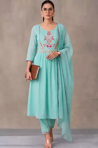 women floral embroidered empire thread work kurta with trousers & with dupatta