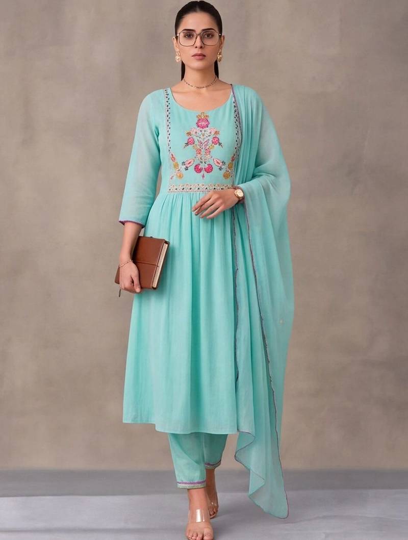 women floral embroidered empire thread work kurta with trousers & with dupatta