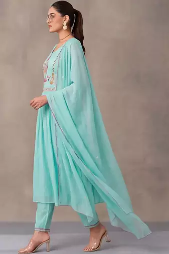 women floral embroidered empire thread work kurta with trousers & with dupatta