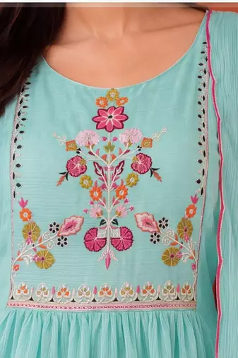 women floral embroidered empire thread work kurta with trousers & with dupatta