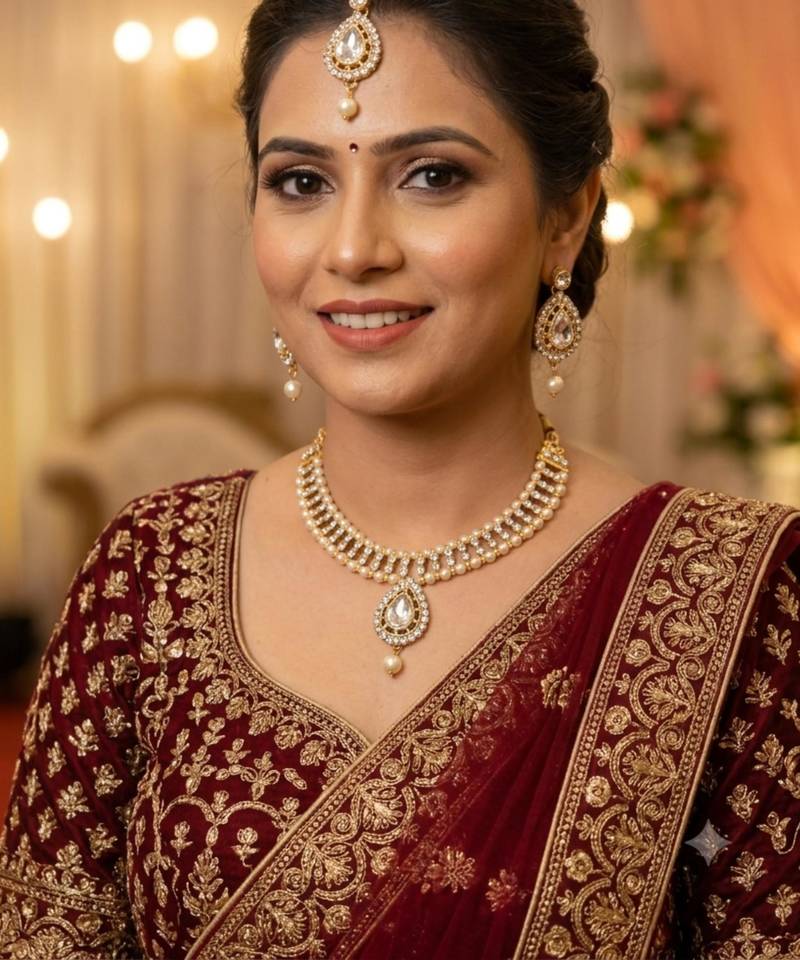 White Stone Necklace Earrings Maang Tikka Gold Plated
