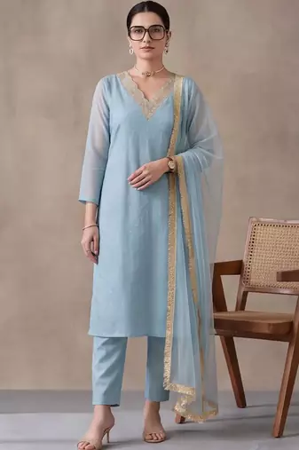 women ethnic motifs embroidered regular thread work kurta with trousers & with dupatta