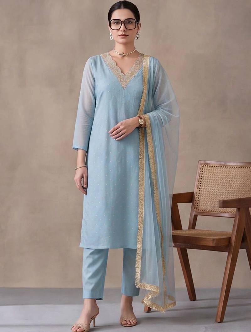 women ethnic motifs embroidered regular thread work kurta with trousers & with dupatta