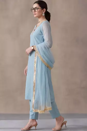 women ethnic motifs embroidered regular thread work kurta with trousers & with dupatta