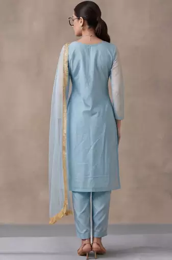 women ethnic motifs embroidered regular thread work kurta with trousers & with dupatta
