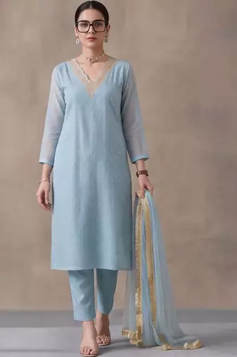 women ethnic motifs embroidered regular thread work kurta with trousers & with dupatta