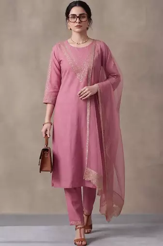 women ethnic motifs embroidered regular thread work kurta with trousers & with dupatta