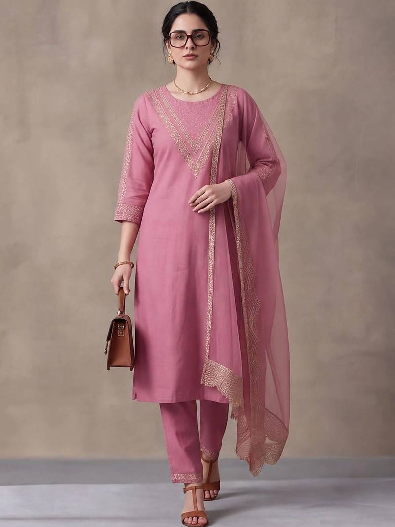 women ethnic motifs embroidered regular thread work kurta with trousers & with dupatta