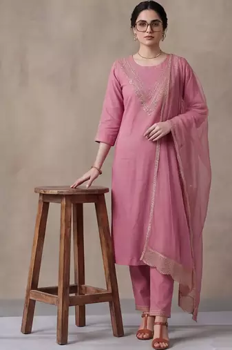 women ethnic motifs embroidered regular thread work kurta with trousers & with dupatta