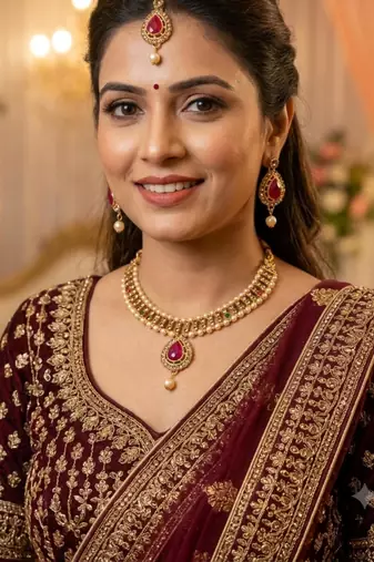 Lct Maroon Green Stone Necklace Maang Tikka Gold Plated