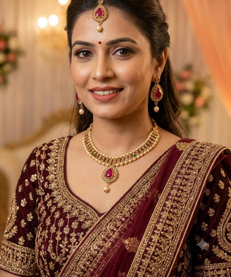 Lct Maroon Green Stone Necklace Maang Tikka Gold Plated