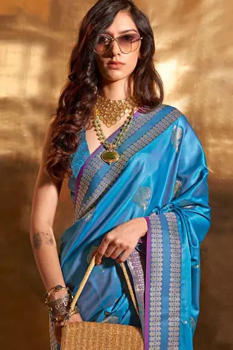blue woven design zari satin banarasi saree