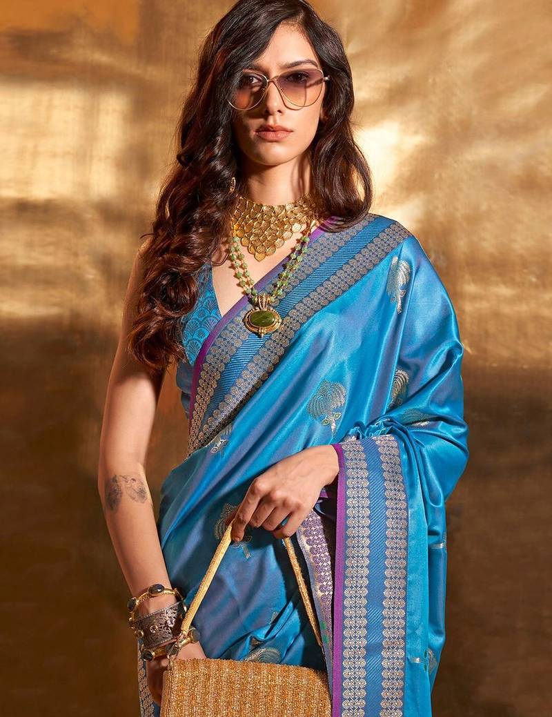 blue woven design zari satin banarasi saree
