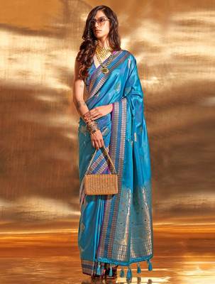 blue woven design zari satin banarasi saree 2