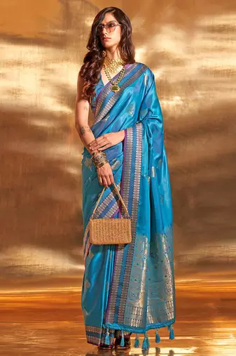 blue woven design zari satin banarasi saree
