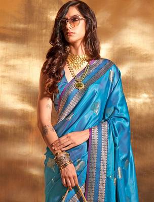 blue woven design zari satin banarasi saree 3