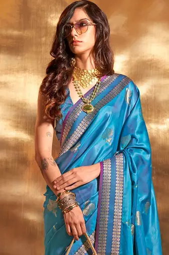 blue woven design zari satin banarasi saree