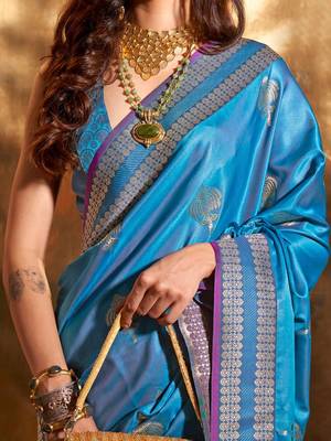 blue woven design zari satin banarasi saree 4