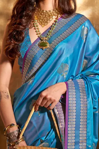 blue woven design zari satin banarasi saree