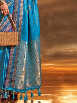 blue woven design zari satin banarasi saree 5