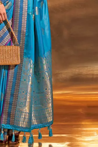 blue woven design zari satin banarasi saree
