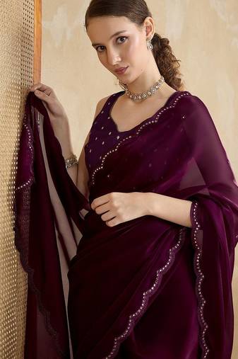 magenta embellished mirror work organza saree