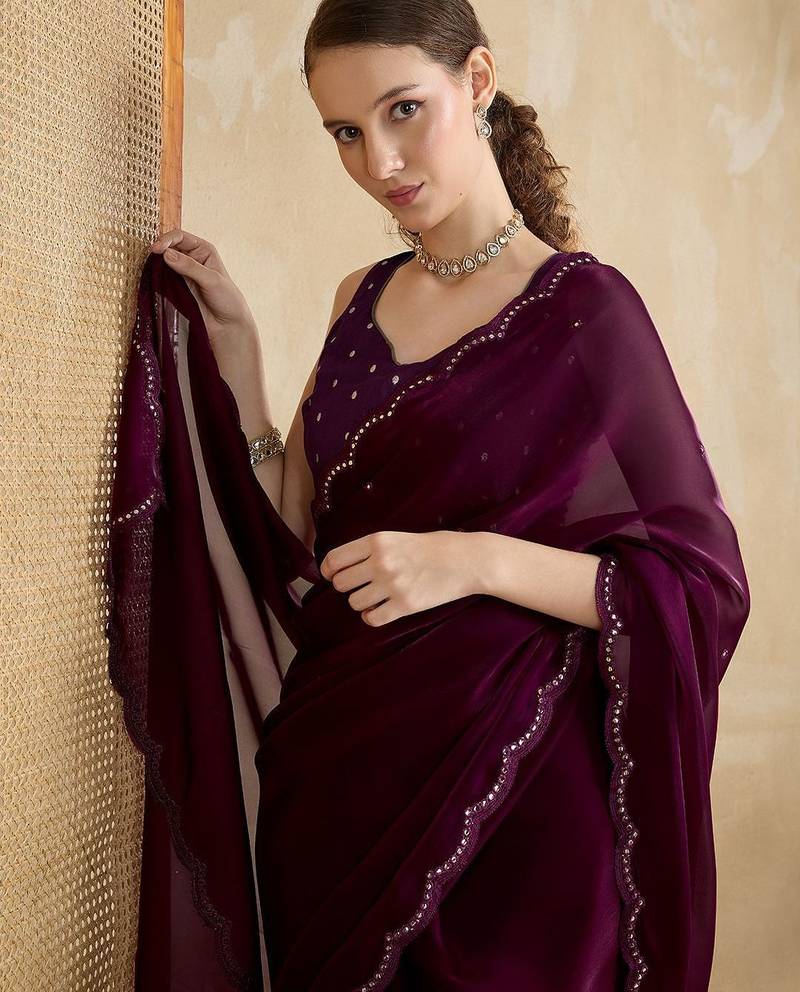 magenta embellished mirror work organza saree